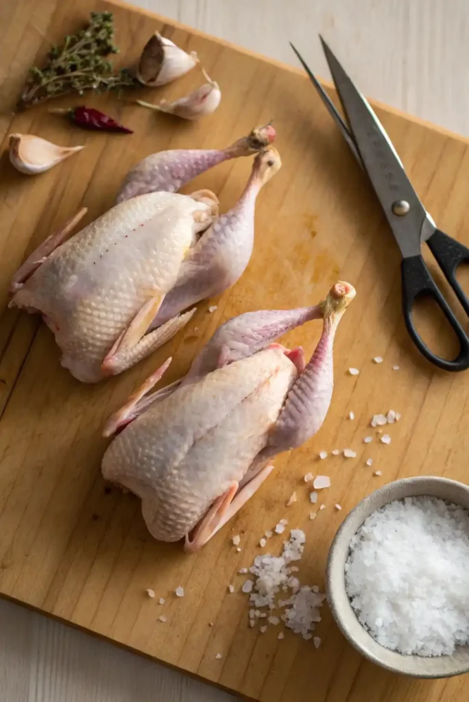Overhead view of plucked Quail Recipe being trussed and salted on a butcher block.