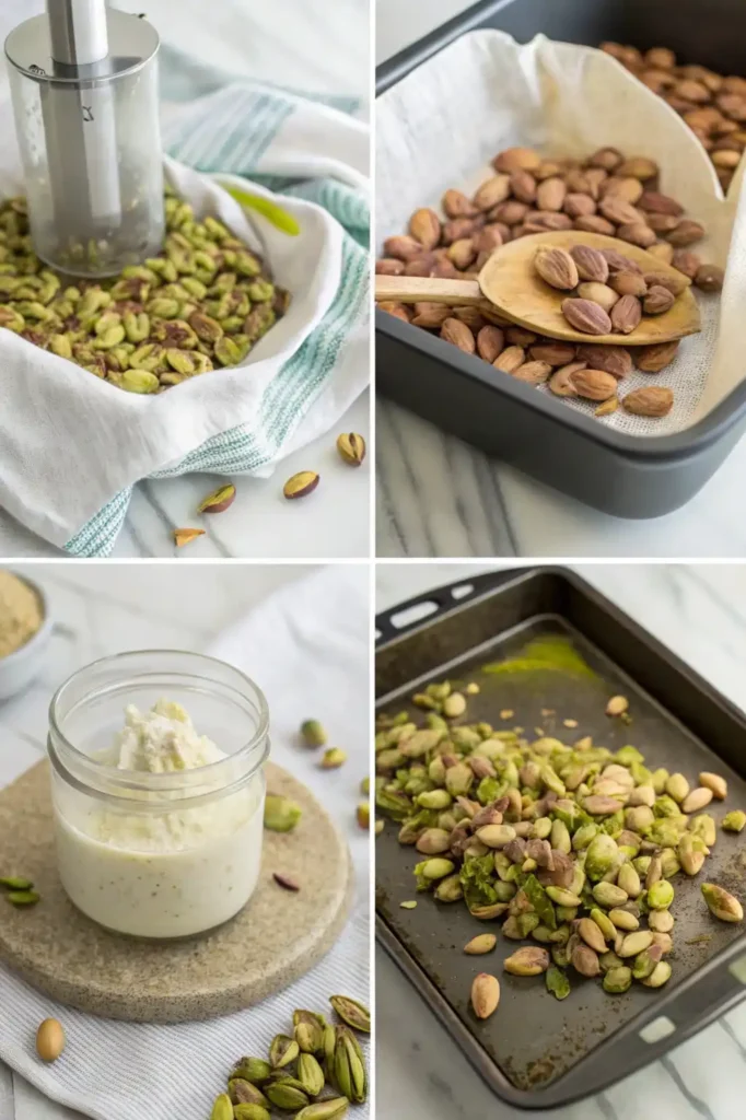 Four‑step visual guide to making pistachio cream from roast to jar.