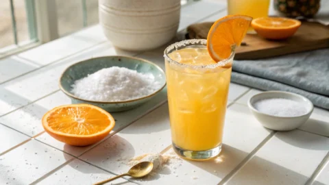 A glass of cortisol cocktail made with orange juice and coconut water on a white counter, surrounded by fresh ingredients and natural light
