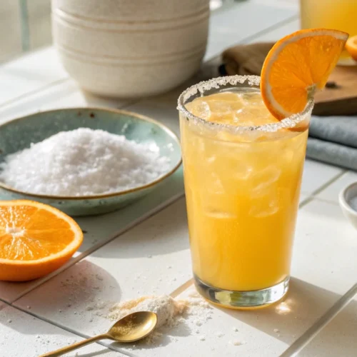 A glass of cortisol cocktail made with orange juice and coconut water on a white counter, surrounded by fresh ingredients and natural light