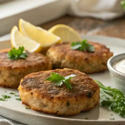 Three golden-brown salmon cakes on a white plate, garnished with fresh parsley and lemon wedges, with a small bowl of tartar sauce on the side.