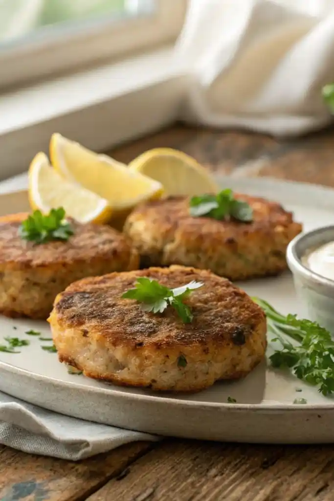 Three golden-brown salmon cakes on a white plate, garnished with fresh parsley and lemon wedges, with a small bowl of tartar sauce on the side.