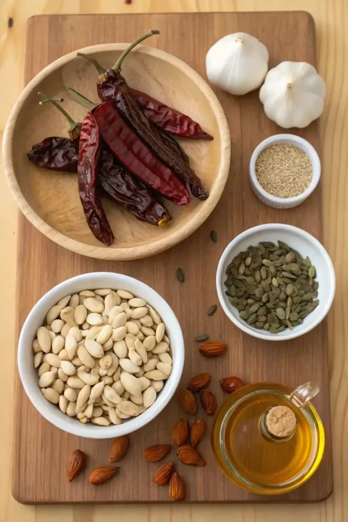 Dried chiles, garlic, peanuts, sesame seeds, and oil laid out as ingredients for salsa macha.