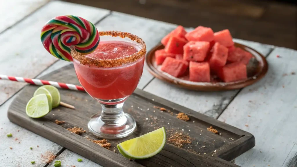 Close-up of a pink-red Mexican candy shot in a chamoy and tajín-rimmed glass, garnished with a swirl lollipop and lime wedge on a rustic wooden surface.