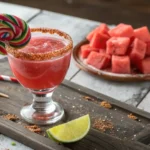 Close-up of a pink-red Mexican candy shot in a chamoy and tajín-rimmed glass, garnished with a swirl lollipop and lime wedge on a rustic wooden surface.