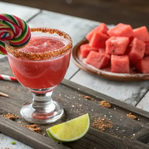 Close-up of a pink-red Mexican candy shot in a chamoy and tajín-rimmed glass, garnished with a swirl lollipop and lime wedge on a rustic wooden surface.