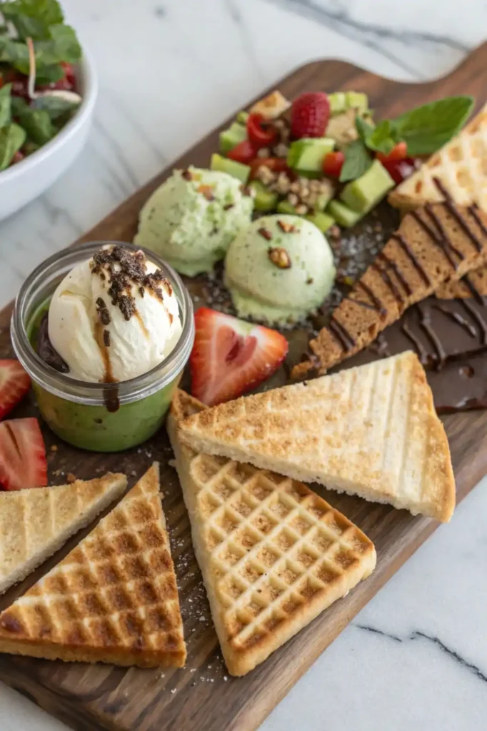 Variety of foods topped with pistachio cream including gelato and waffles.