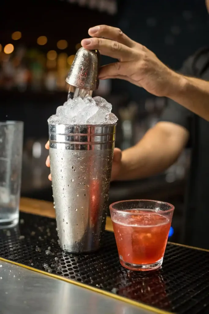 Bartender’s hands shaking a frosted cocktail shaker with a tajín-rimmed shot glass in front on a bar counter.