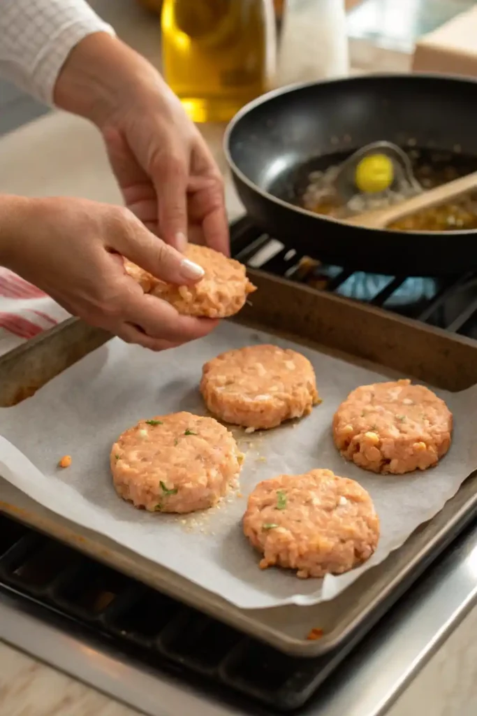 Hands shaping salmon cake patties on a baking sheet with a skillet in the background cooking a golden patty.
