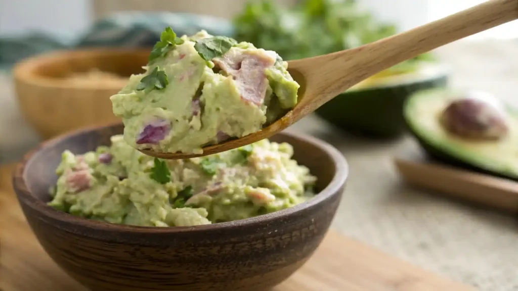 A wooden spoon holding a scoop of avocado tuna salad, showing creamy avocado and flaky tuna.