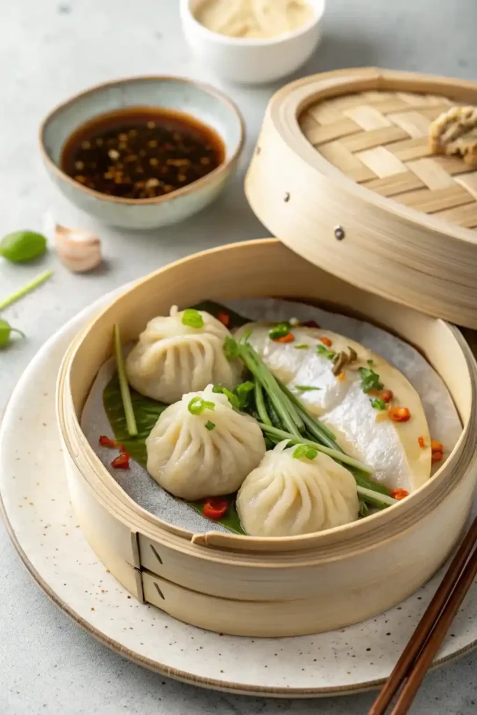 Steamed dumplings and fish served in a traditional bamboo steamer.
