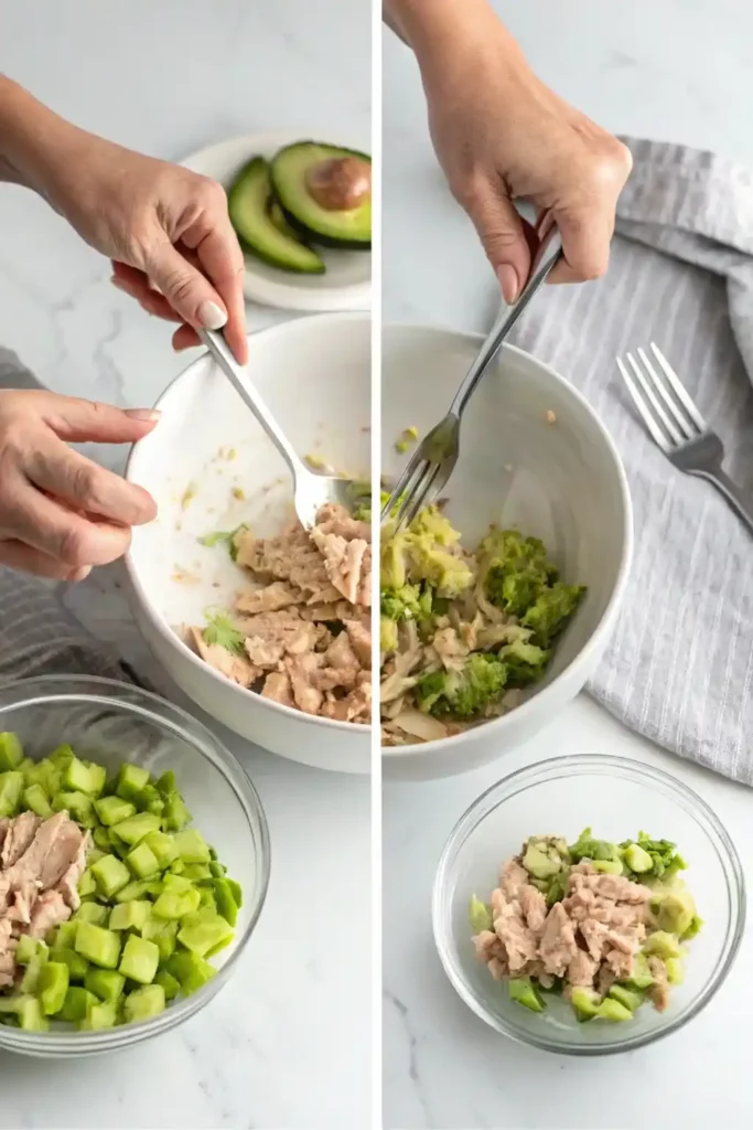 Three-step collage: flaking tuna, mashing avocado, and stirring ingredients in a bowl.