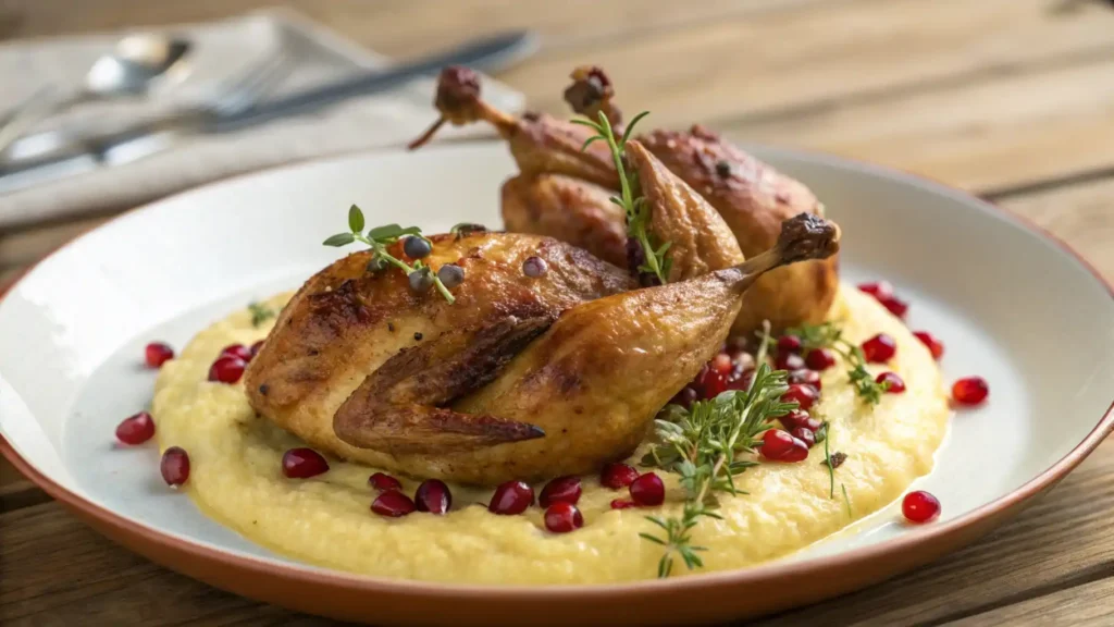 Golden‑brown oven‑roasted quail recipe on creamy polenta with thyme and pomegranate seeds, shot in natural daylight.