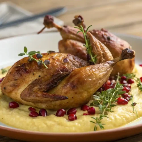 Golden‑brown oven‑roasted quail recipe on creamy polenta with thyme and pomegranate seeds, shot in natural daylight.