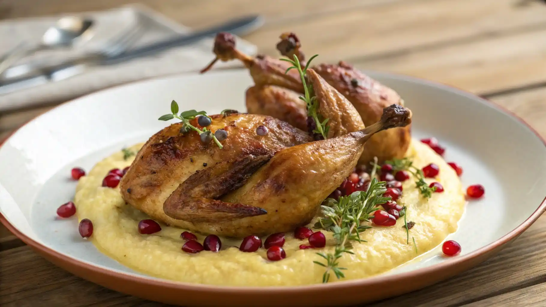 Golden‑brown oven‑roasted quail recipe on creamy polenta with thyme and pomegranate seeds, shot in natural daylight.