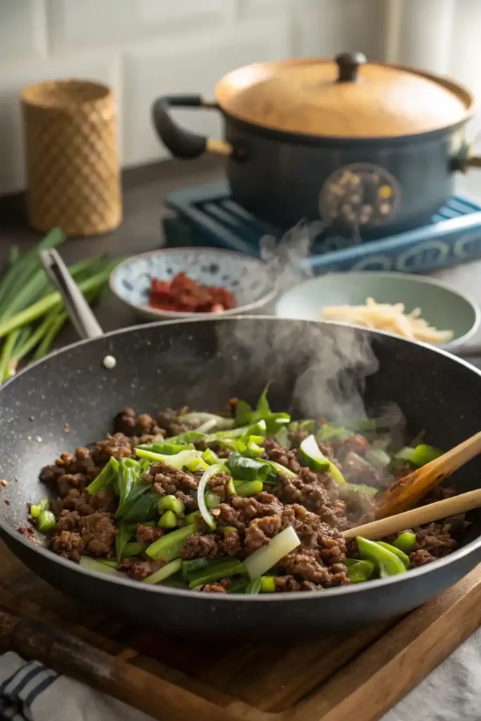 Ground beef stir-fry cooking in a wok with vegetables.