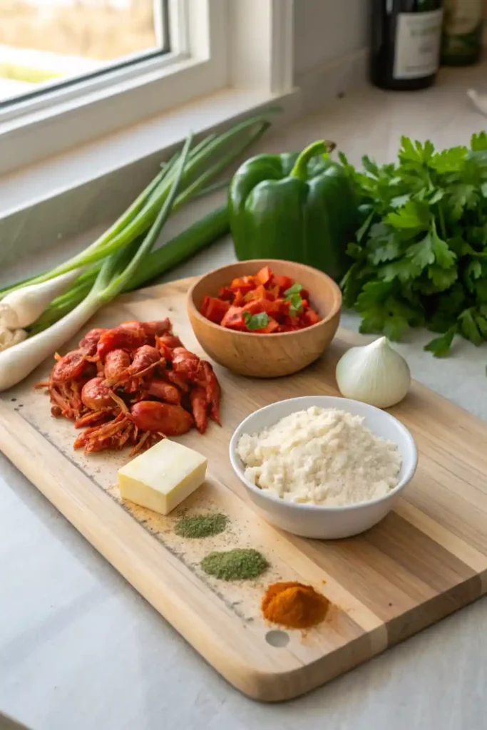Mise en place of crawfish etouffee ingredients on a board