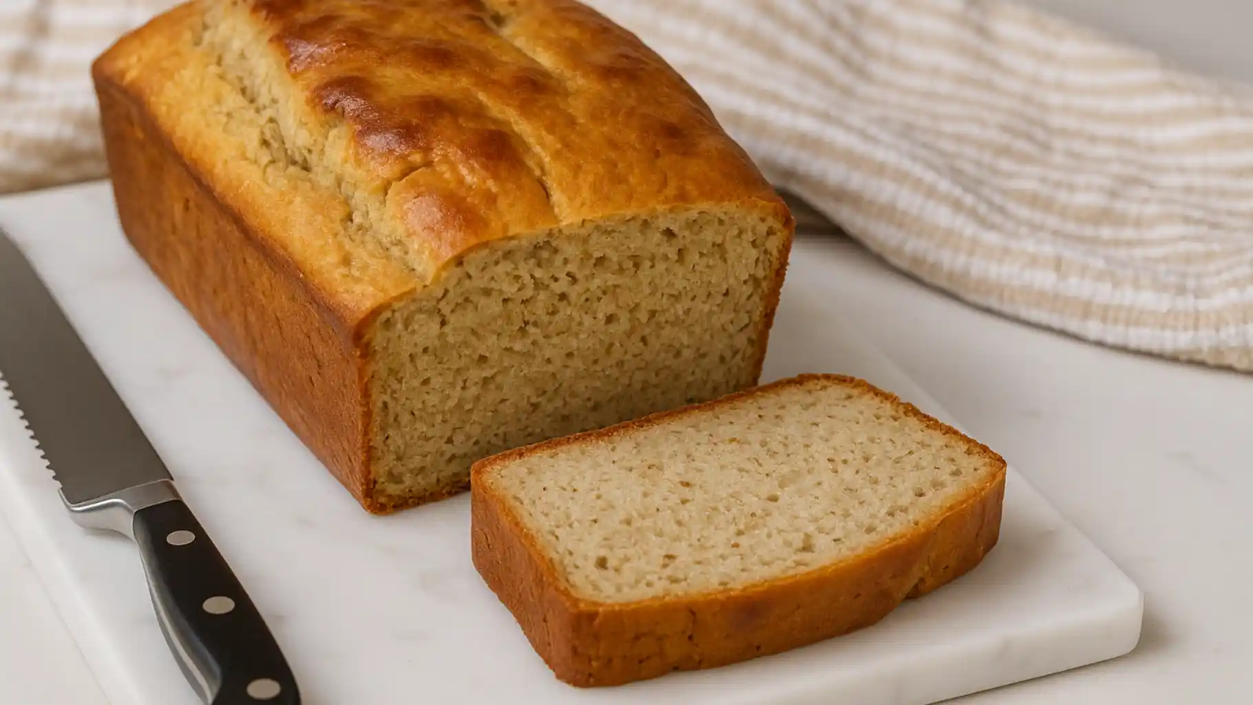 Freshly sliced 3 Ingredient Banana Bread on a wooden board beside ripe bananas, cake mix box, and condensed milk in warm daylight.