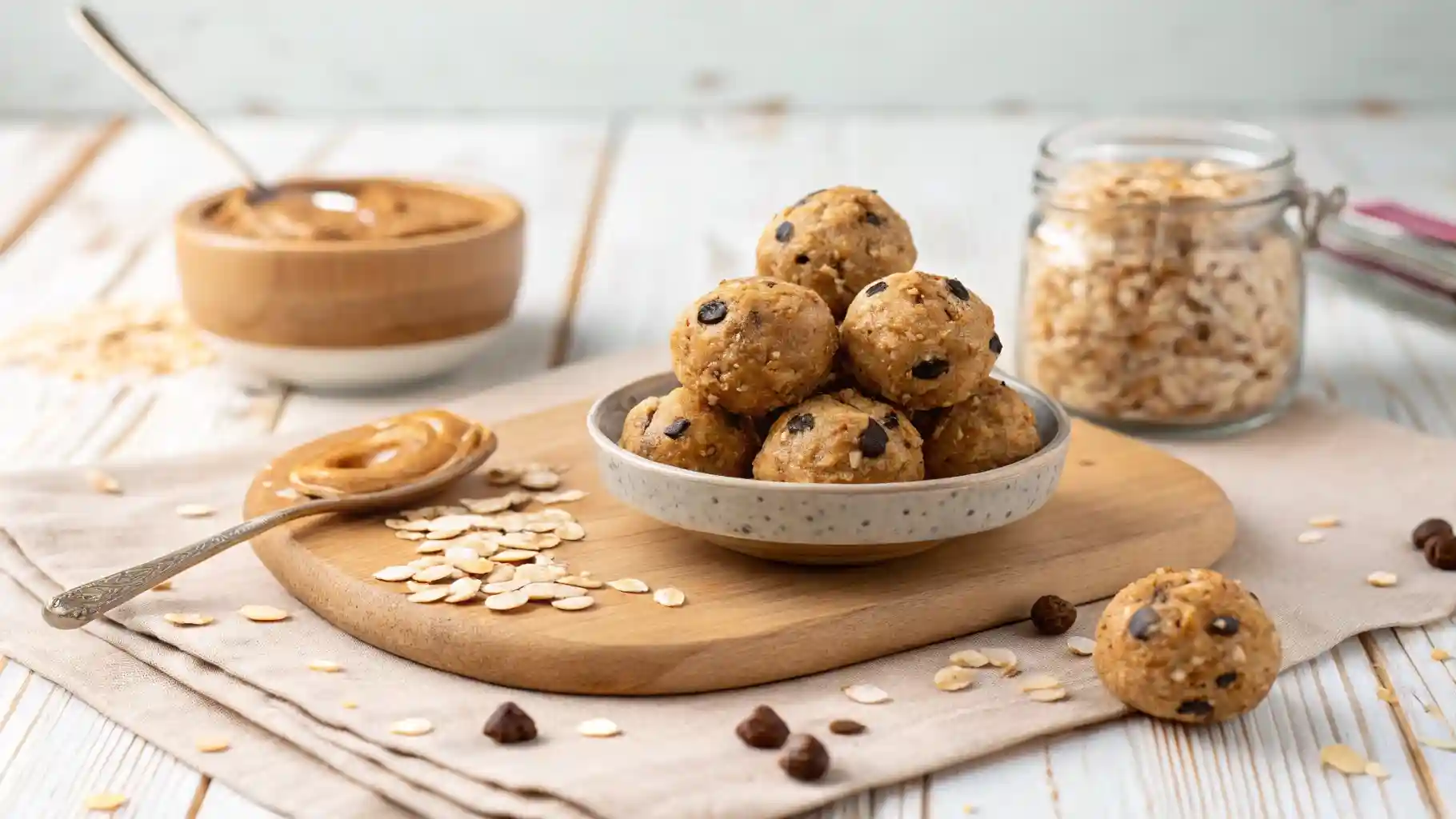Close-up of no bake energy balls with oats and chocolate chips on a rustic kitchen surface