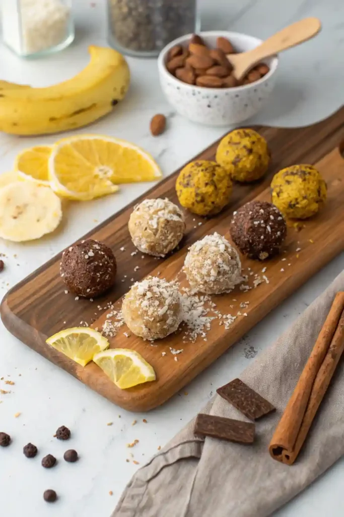 Assorted flavor variations of energy balls arranged on a serving board.