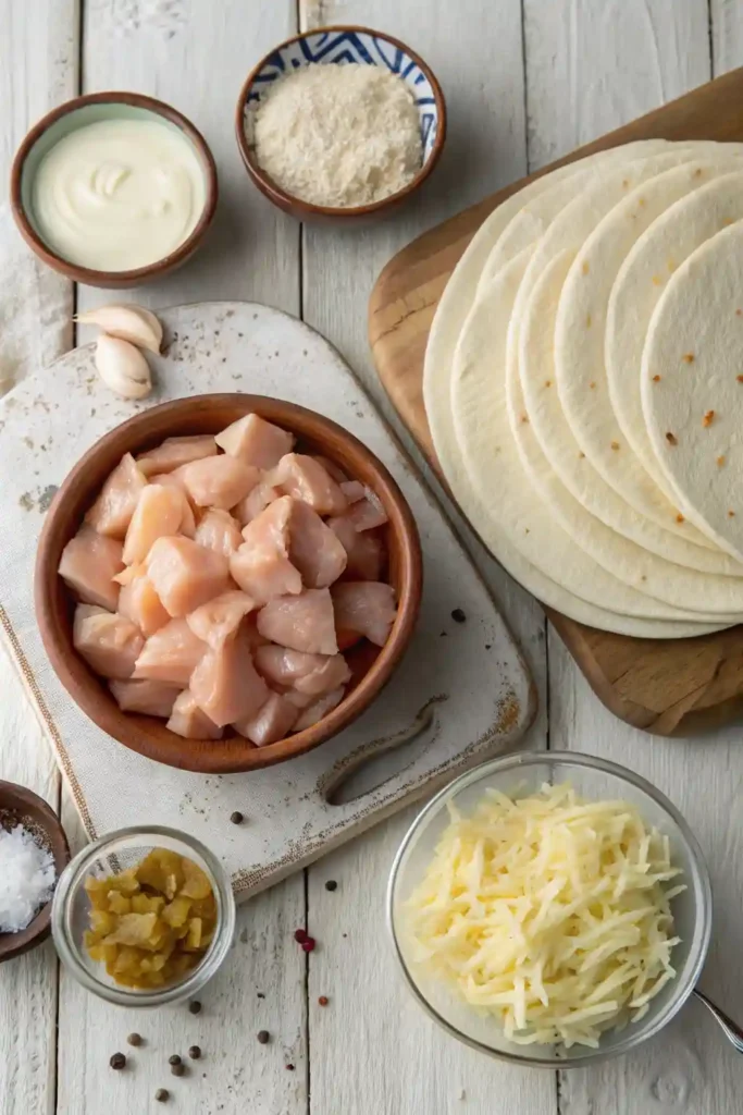 Top-down view of raw ingredients for cheesy chicken wrap including diced chicken, cheese, tortillas, sauce, and spices.
