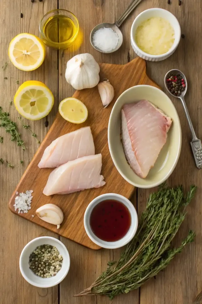 Grilled amberjack ingredients including lemon, thyme, butter, and raw fillets