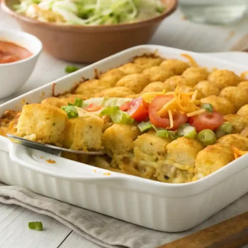 Big Mac Tater Tot Casserole topped with lettuce, pickles, and tomatoes in a white dish