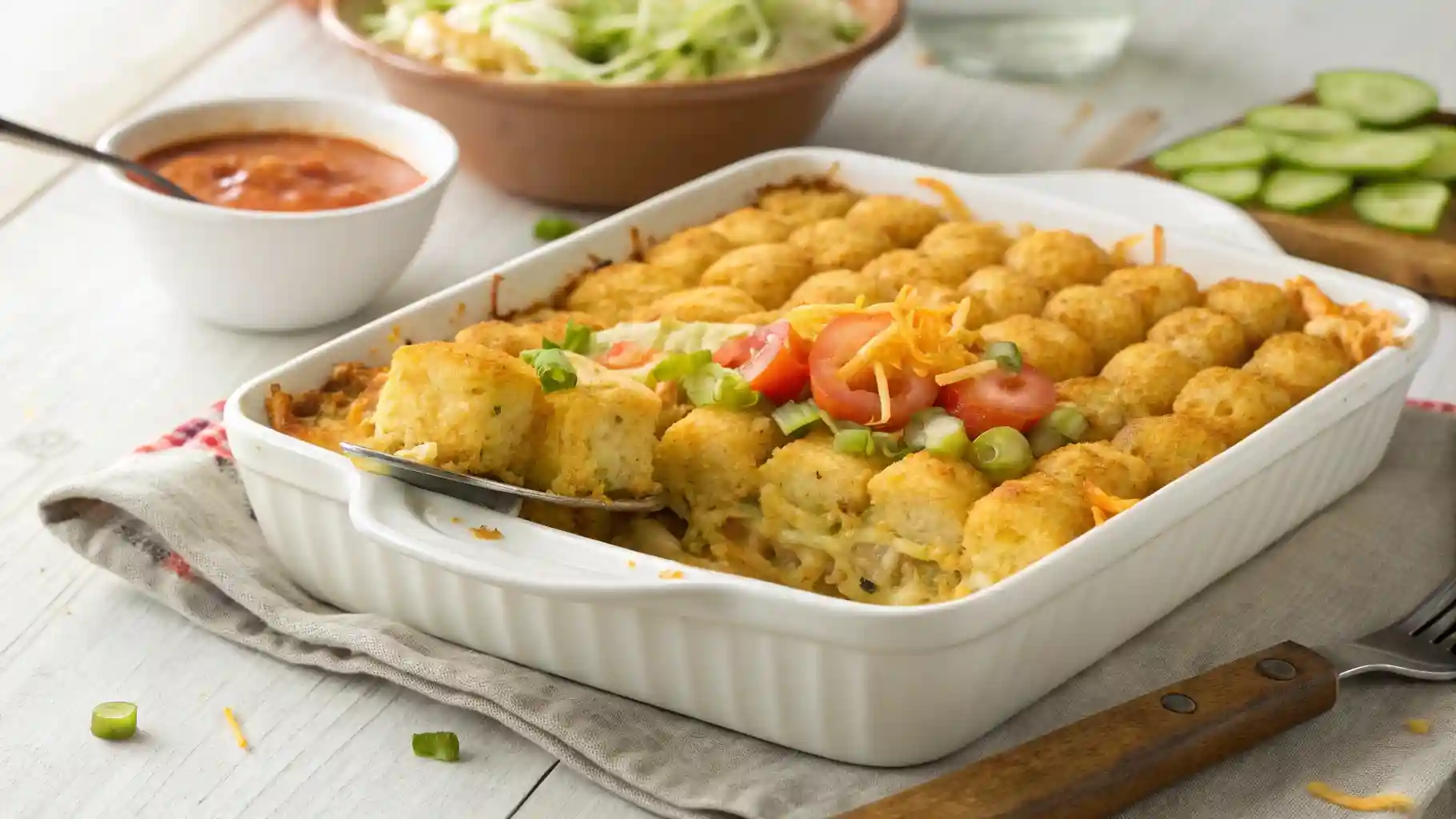Big Mac Tater Tot Casserole topped with lettuce, pickles, and tomatoes in a white dish