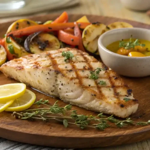 Grilled amberjack fish filet topped with lemon butter and garnished with fresh thyme and lemon wedges