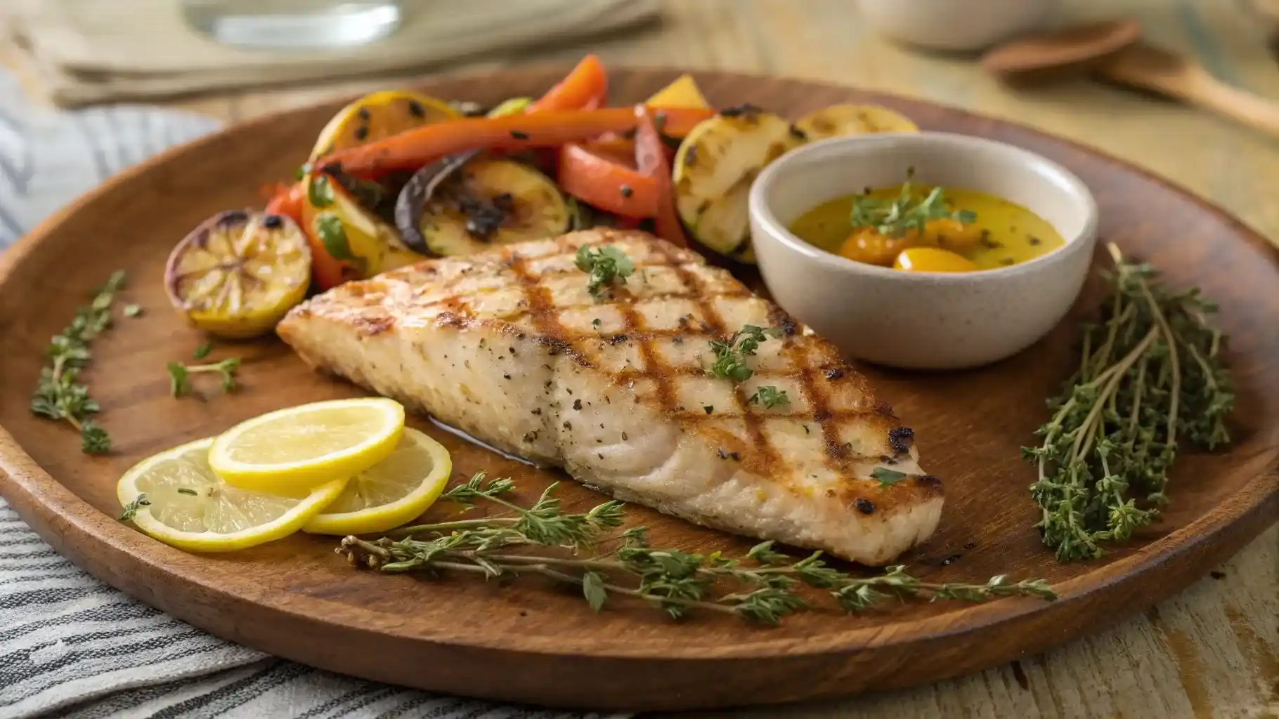 Grilled amberjack fish filet topped with lemon butter and garnished with fresh thyme and lemon wedges