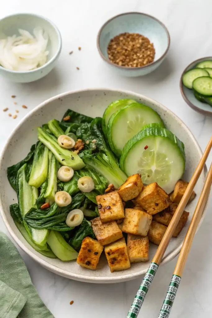 Taiwanese veggie dishes including tofu, bok choy, and cucumber.