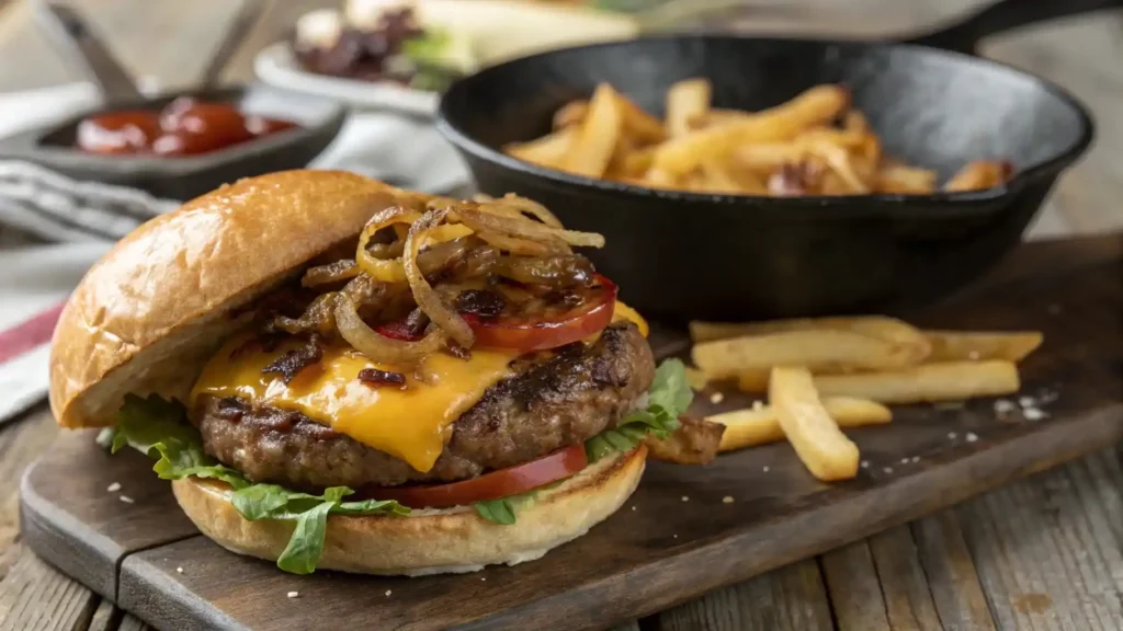 Juicy venison burger with toppings on a toasted bun, served with fries on a rustic table.