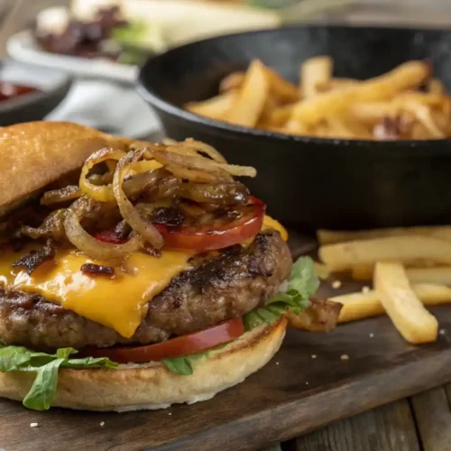 Juicy venison burger with toppings on a toasted bun, served with fries on a rustic table.