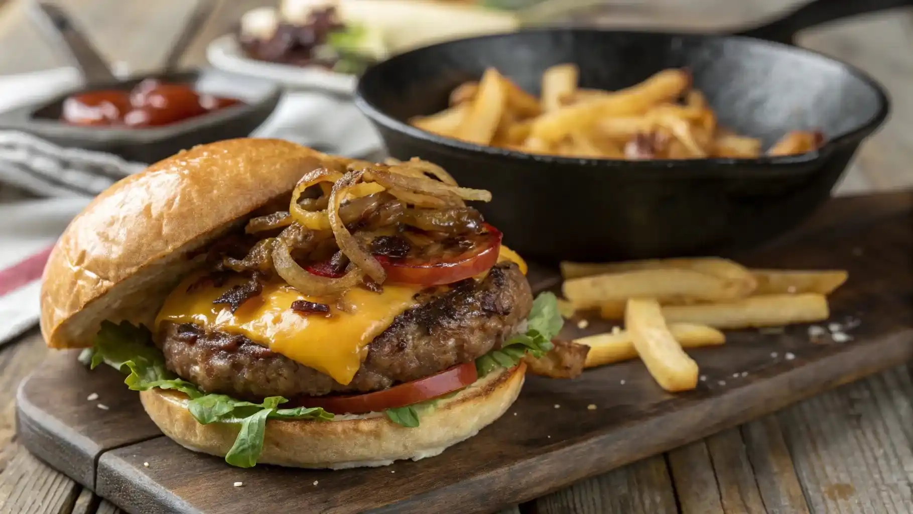 Juicy venison burger with toppings on a toasted bun, served with fries on a rustic table.