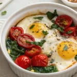 Baked feta eggs with nutrition info displayed beside the dish.