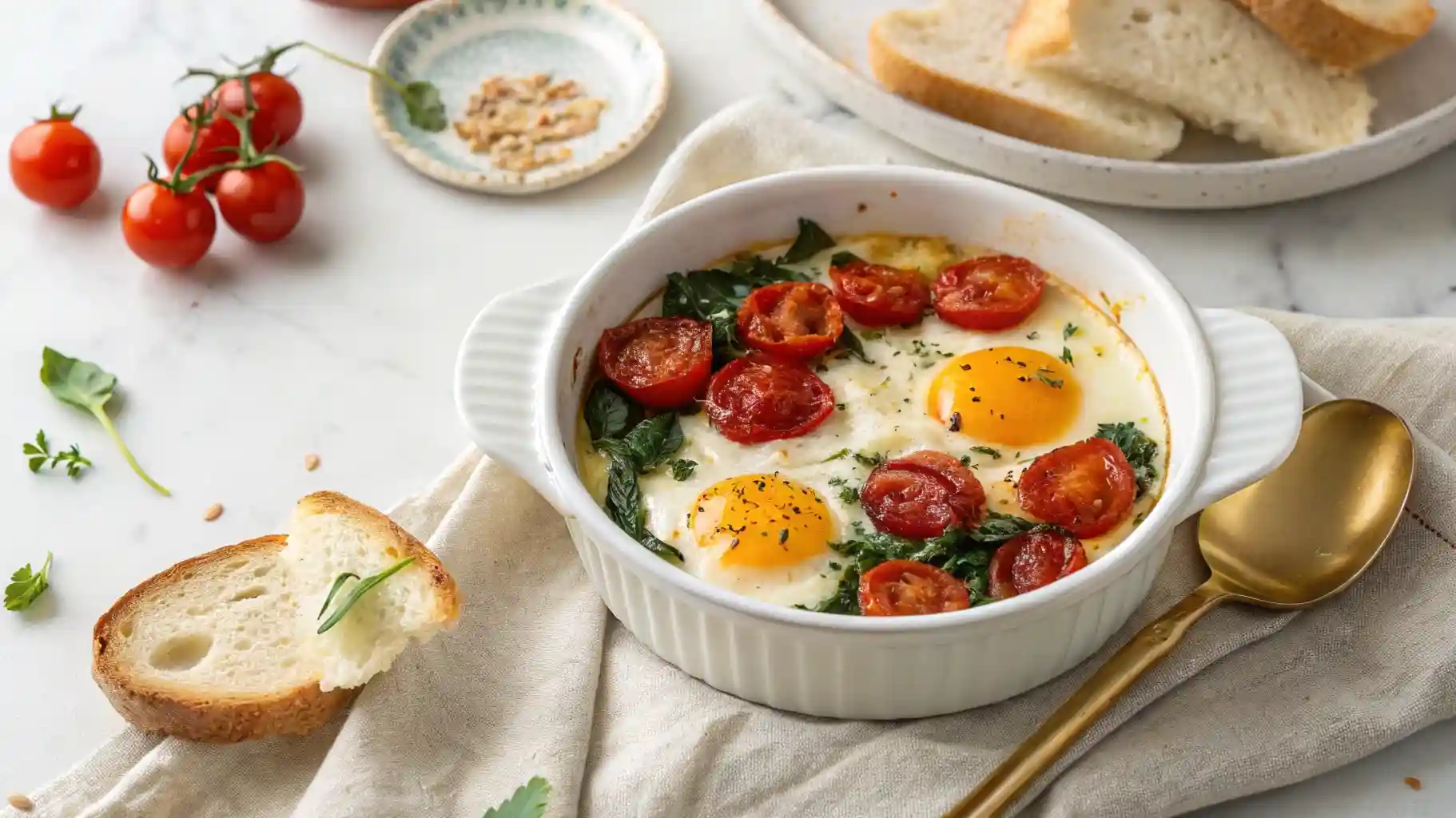 Baked feta eggs with spinach and tomatoes in a white ramekin, served with sourdough bread and a gold spoon.
