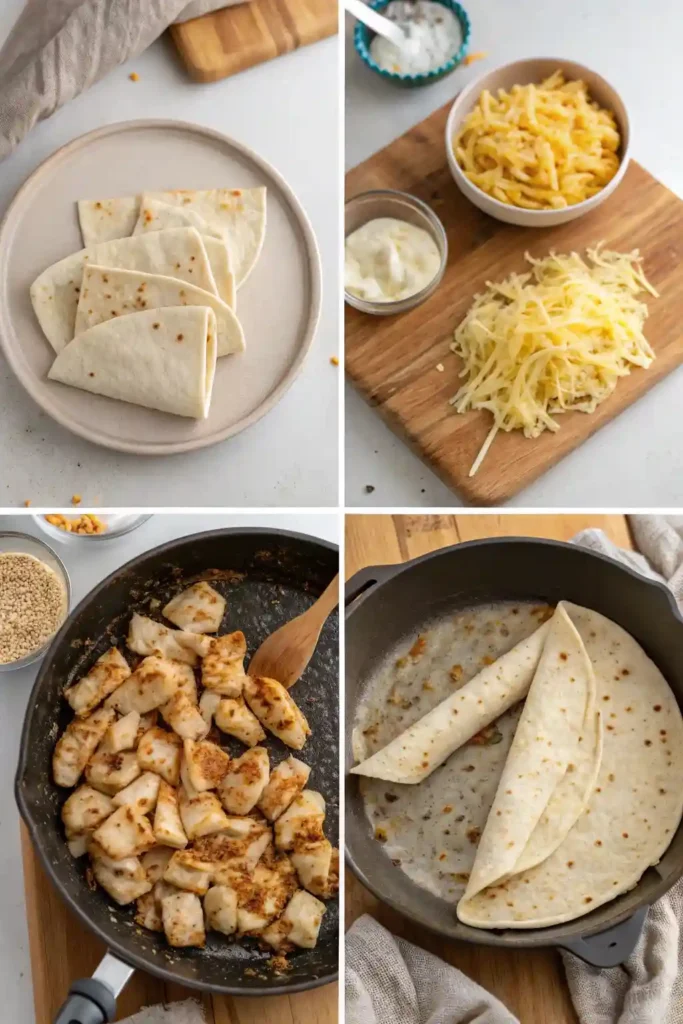 Step-by-step preparation of cheesy chicken wraps including cooking, filling, folding, and crisping.