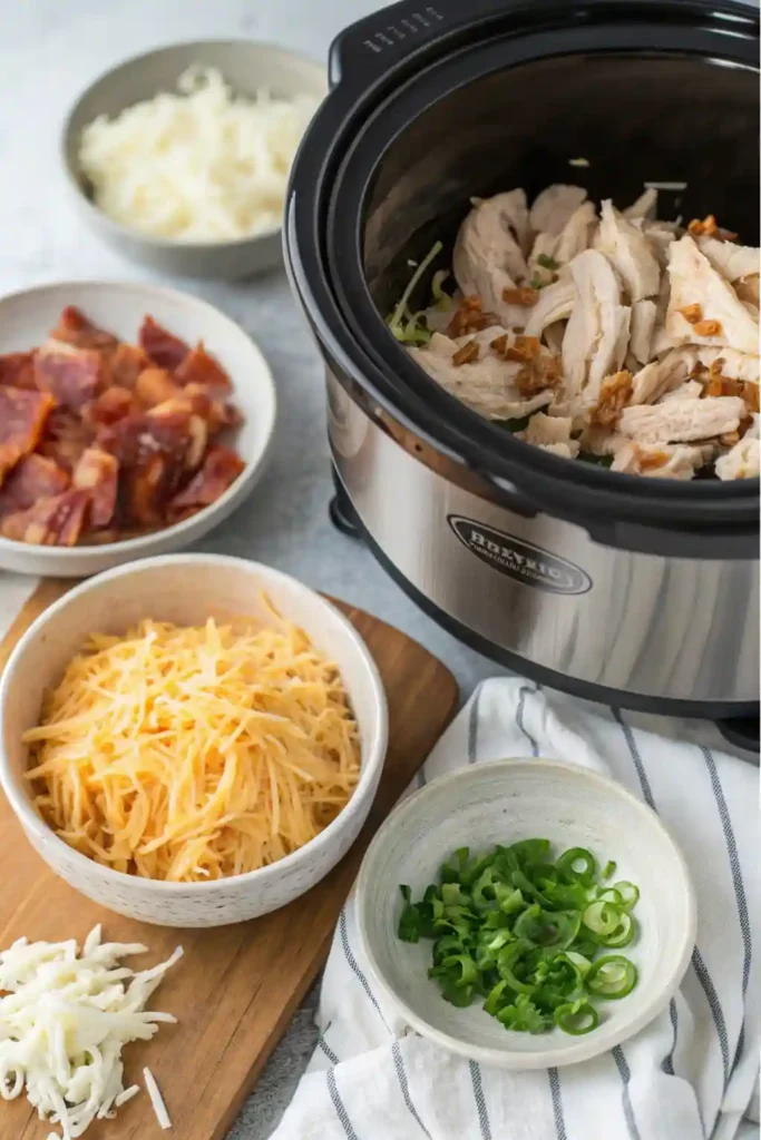 Step-by-step preparation of crack chicken in a slow cooker, from raw to finished mix.