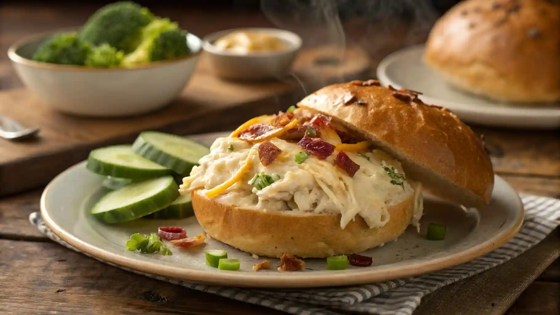 Creamy Crockpot crack chicken sandwich with bacon, cheddar, and green onions on a wooden table.