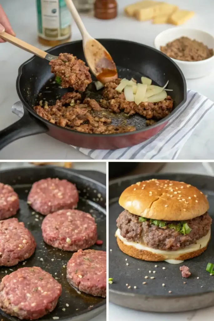 Step-by-step images of making venison burgers from mixing to serving on a bun.