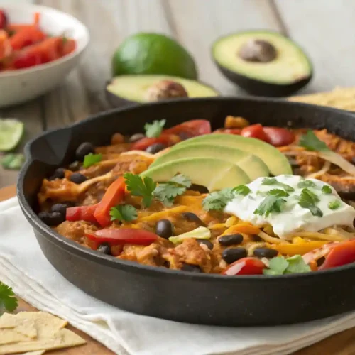 urkey enchilada skillet in a cast iron pan topped with avocado, cilantro, and queso fresco