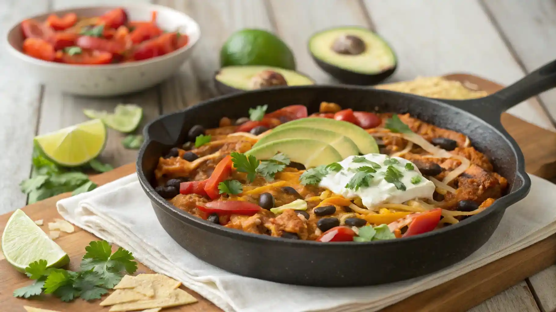 urkey enchilada skillet in a cast iron pan topped with avocado, cilantro, and queso fresco