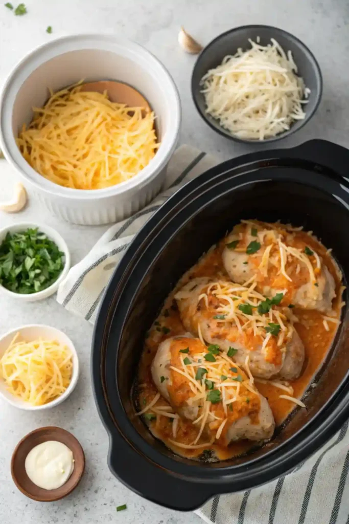 Step-by-step preparation of crack chicken in a slow cooker, from raw to finished mix.