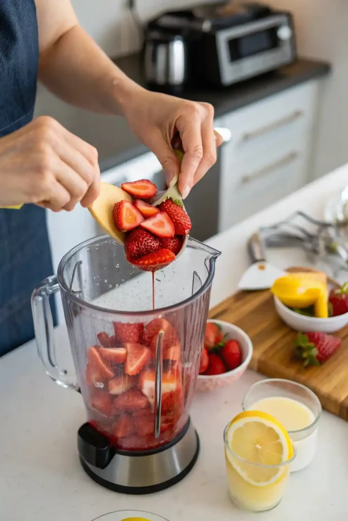 Hands adding strawberries to a blender for pureeing.