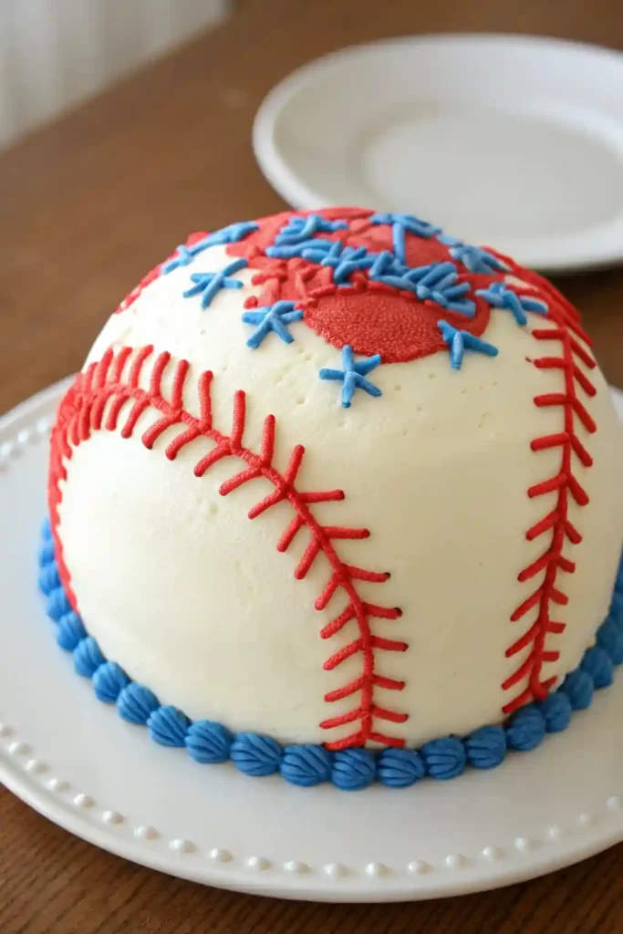 Piping vivid red stitches on smooth white baseball cake.