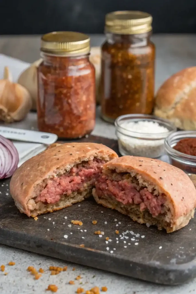 Juicy venison burger patty sliced in half with visible pink center and seasoning ingredients nearby.