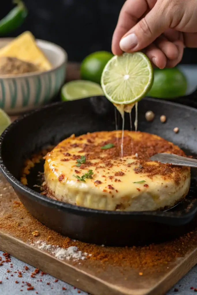 Close-up of lime squeeze and melted cheese on turkey enchilada skillet