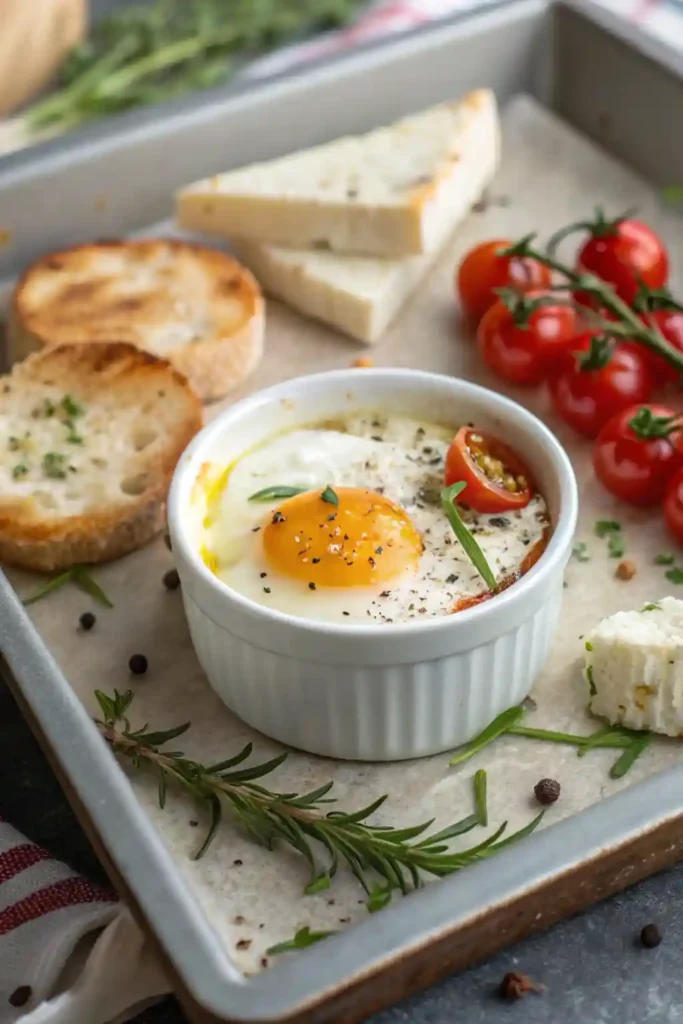 Cooking process of baked feta eggs including layering vegetables, mixing in spinach, and adding eggs.

