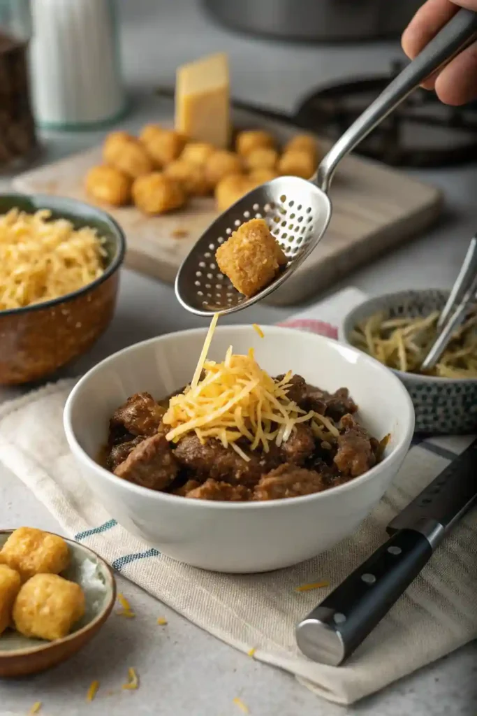 Cooking tips in action for Big Mac Casserole — draining meat and layering ingredients