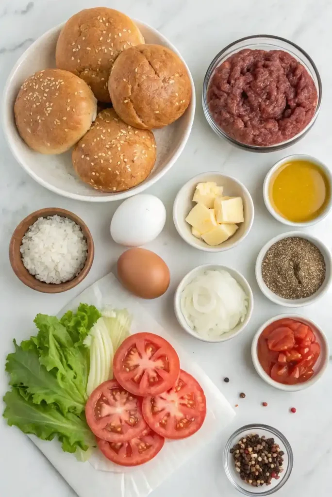 Ingredients for venison burgers arranged on a countertop, including ground venison and seasonings.